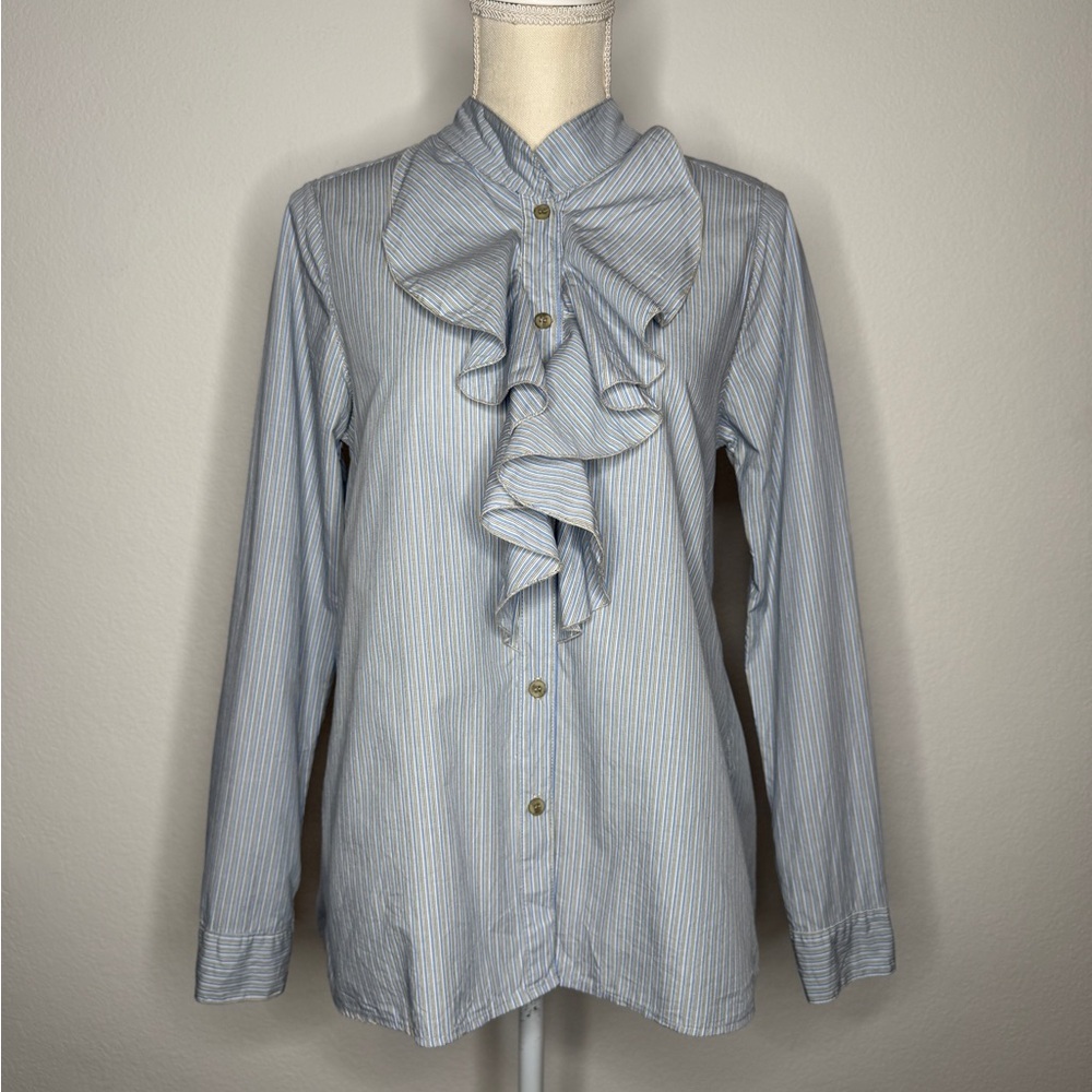 A Shirt Thing Chloe Blue White Pinstripe Ruffle High Neck Button Blouse Size S